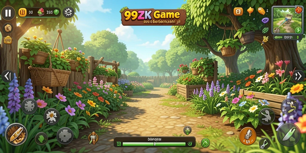 Screenshot gameplay <strong>99ZK</strong> yang menampilkan aktivitas berkebun yang seru.