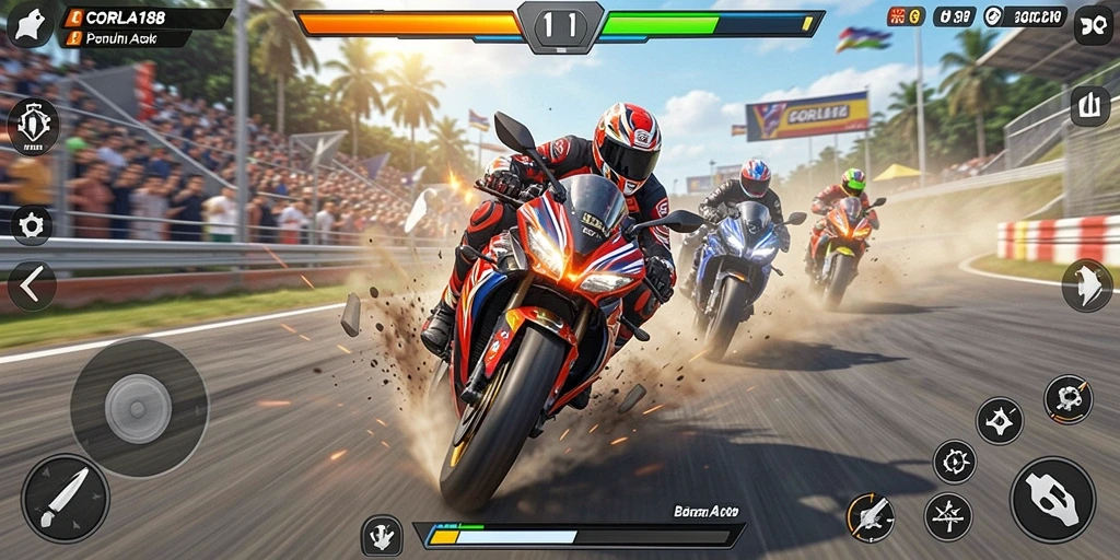 Tangkapan layar CORLA188 menampilkan balapan motor yang mendebarkan.