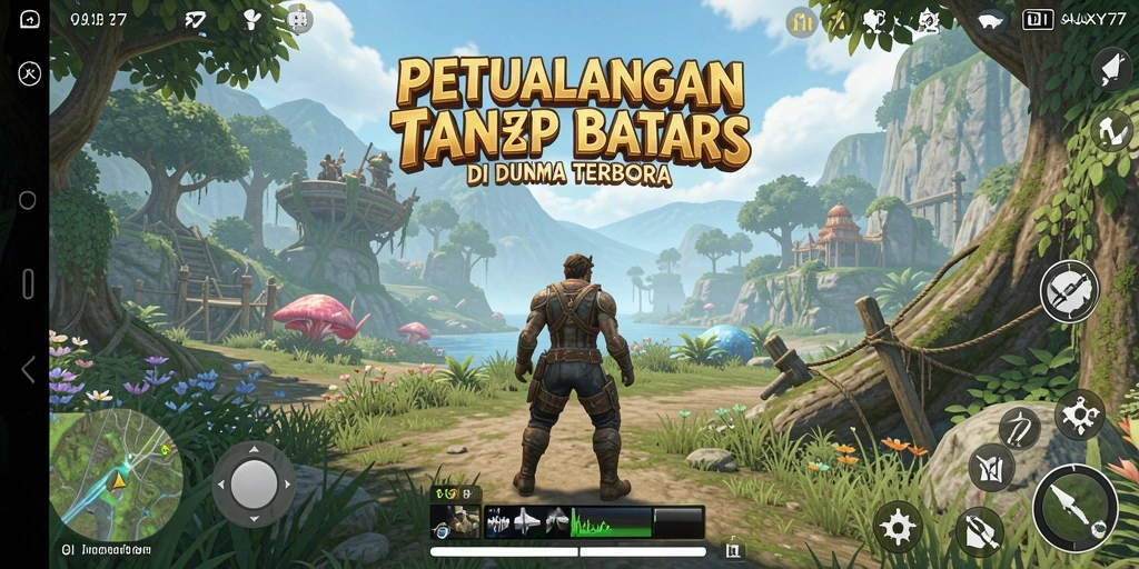 Screenshot menunjukkan eksplorasi luas dalam GALAXY77 dengan visual yang menakjubkan.