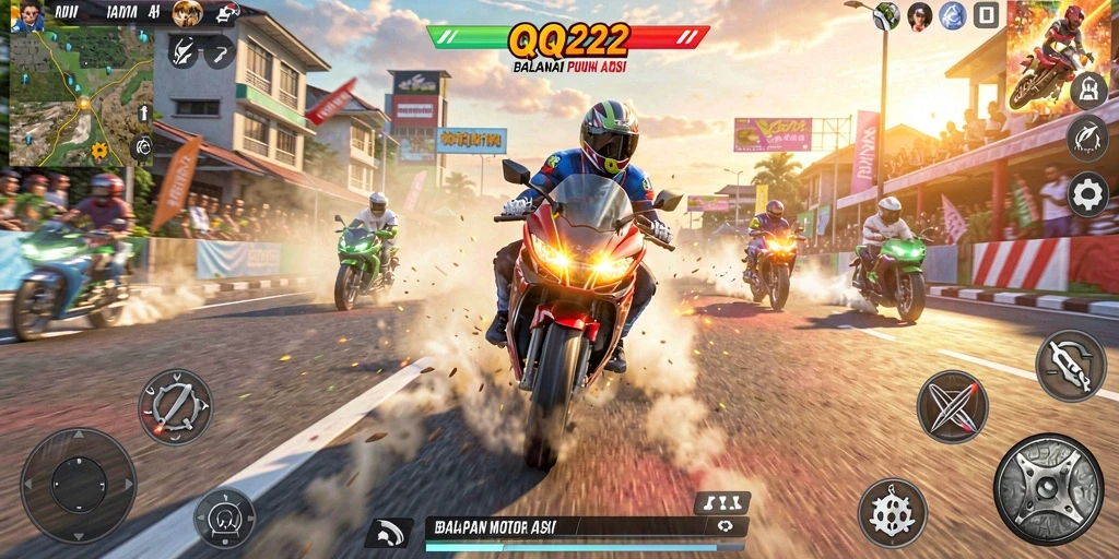 Screenshot gameplay QQ222 menampilkan balapan motor yang mendebarkan.