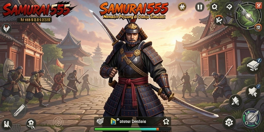 Tampilan screenshot <strong>SAMURAI555</strong> menunjukkan aksi epic samurai di dunia simulasi.