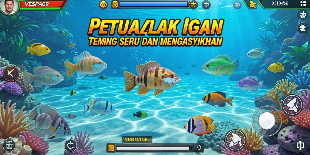 Screenshot gameplay VESPA69 menampilkan aksi menembak ikan yang seru.